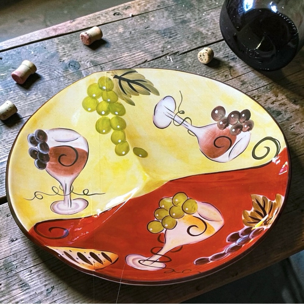 Contemporary Elements Wine Glass Design 3 Section Round 13” Footed Platter